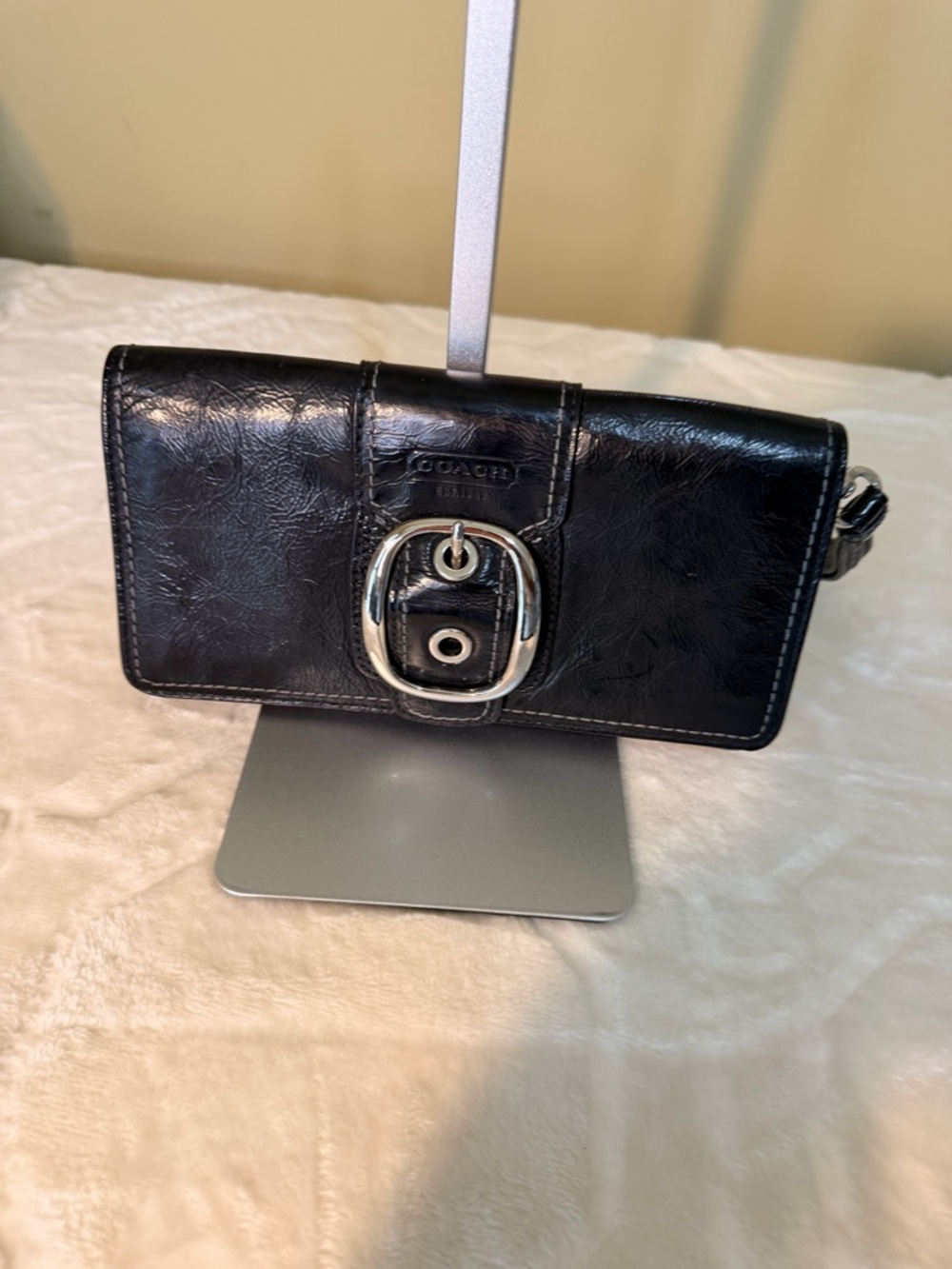 Coach Black Leather Wristlet with Silver Buckle from Coach Bleecker collection
